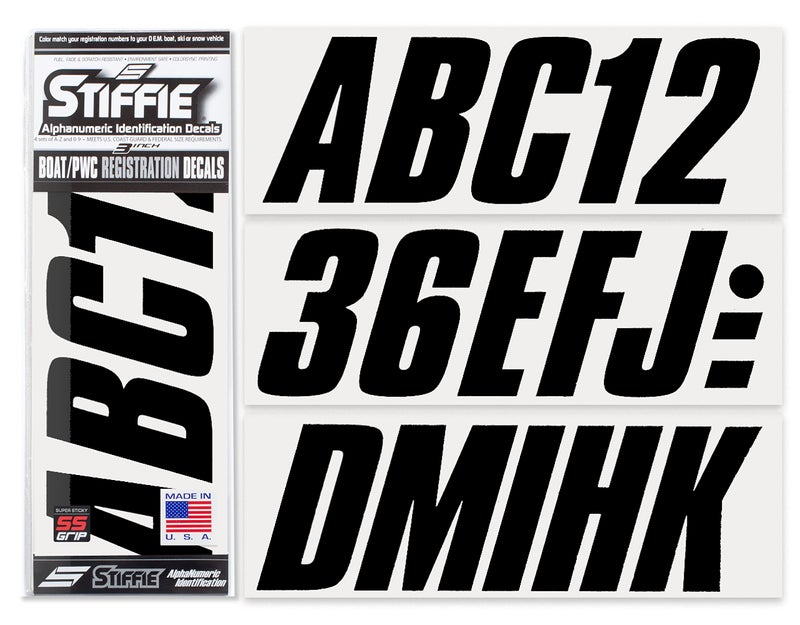 Stiffie ملصقات تسجيل قارب و PWC STIFFIE Shift سوداء 3" â€¢ أرقام حروف ملصقات - Image 1